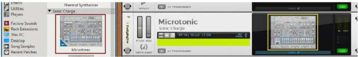 EFFECTS Utilities Players Factory Sounds Rack Extensions This PC Desktop Song Samples Recent Patches Thermal Synthesizer Sonic Charge Microtonic PITCH RED (d) INSTRUMENT CY PROGRAMMER Microtonic Sonic Charge RD NU Shock 7120 CY PROGRAMMER MIN OUT