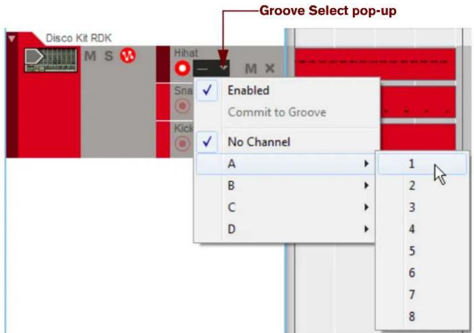 Groove Select pop-up Disco Kit RDK M S Hihat Enabled Commit to Groove No Channel A 1 B 2 C 3 D 4 5 6 7 8