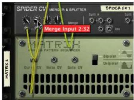 SPIDER CV MERGER & SPLITTER SPIDER CV 1 Merge Split a Split b Merge Input 2:32 SPIDER MATERIAL PATTERN SEQUAKER Bipolar Unipolar Curve CV Note CV Data CV