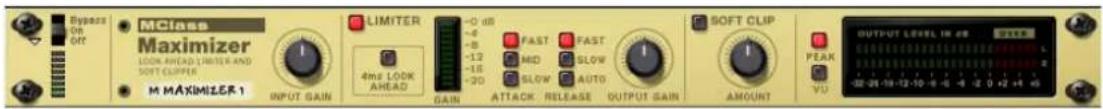 MClass Maximizer LOOK AHEAD LIMITER AND SOFT CLIPPER M MAXIMIZER 1 INPUT GAIN LIMITER 4ms LOOK AHEAD GAIN +0 dB -6 -8 -12 -16 -30 FAST FAST MID SLOW SLOW AUTO ATTACK RELEASE OUTPUT GAIN SOFT CLIP AMOUNT PEAK VU OUTPUT LEVEL IN dB -28.29-19.13-10.6-6 -6 0.42 +4 45