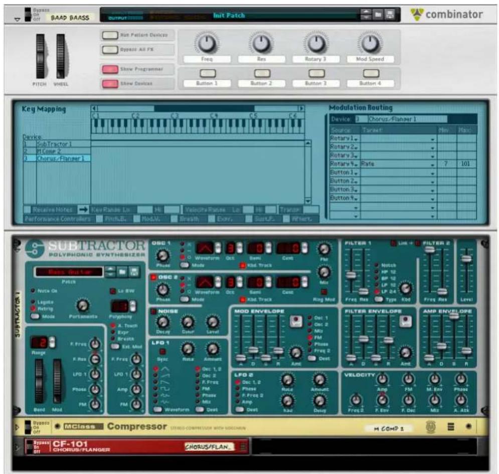 Bypass ON BIT BAAD BAASS Output Init Patch combinator Run Pattern Devices Dypass All FX Freq Res Rotary 3 Mod Speed Show Programmer Show Devices Button 1 Button 2 Button 3 Button 4 PITCH WHEEL Key Mapping Device: SubTractor 1 M Core 2 Chorus/Flanger 1 Modulation Routing Device: Chorus/Flanger 1 Source: Target Min Max Rotary 1. Rotary 2. Rotary 3. Rotary 4. Rate 7 101 Button 1. Button 2. Button 3. Button 4. Reactive Hotel Key Range Lo Hi Velocity Plane Lo Hi Trace Performance Controllers Pitch/D. Mod/V. Break Ever. Surt/J. Riftert. SUBTRACTOR POLYPHONIC SYNTHESIZER Noise Run Up Patch Noise On Legate Retrog Mode Portamentia Polyphong A. Touch Expr Breath Est. Mod F. Freq Range F. Res LFD 1 LFD 1 Amp FM Band Mod PM OSC 1 X O Waveform Oct Semi Cent Phase Mode Kbd Track OSC 2 X O Waveform Oct Semi Caso Phase Mode Kbd Track Ring Mod NOISE Decuay Color Level LFD 1 Sync Rate Amount Dec 1, 2 Dec 2 F.Freq FM Phase Mix Waveform Dest MOD ENVELOPE Dec 1 Dc 2 Mio FM Phase Freq 2 Dest FLO 2 Dec 1,2 Phase Rate Amount F.Freq 2 Amp Dest Kbd Delay VELOCITY Amp FM M Env Phase Freq Res Type Kbd Freq Res Level FILTER 1 Link + Notch HP 12 BP 12 LP 12 LP 24 Freq Res Type Kbd Freq Res Level FILTER 2 Notch HP 12 BP 12 LP 12 LP 24 Freq Res Type Kbd Freq Res Level AMP ENVELOPE AMP ENVELOPE FLO 3 Dec 1,2 Phase Rate Amount F.Freq 3 Amp Dest Kbd Delay LVDCY T FEnv F.Dec Mio A.Atk Bypass On MClass Compressor STEREO-COMPRESSION WITH MODEMAN M COMP 1 Bypass CF-101 CHORUS/FLANGER CHORUS/FLAN...