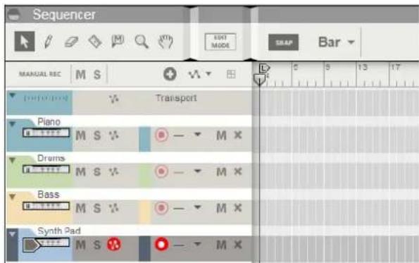 Sequencer MANUAL REC M S + 10000000 Transport Piano M S - Drums M S - Bass M S - Synth Pad M S - M X