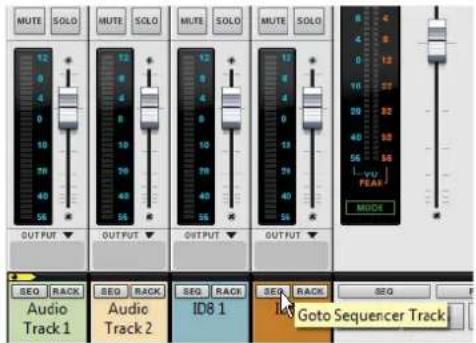 MUTE SOLO 12 0 4 0 10 76 40 58 OUTPUT 12 0 4 10 20 40 56 OUTPUT 12 0 4 10 20 40 55 OUTPUT 12 0 4 13 28 40 54 OUTPUT 12 0 4 13 28 40 54 MUTE 4 8 12 27 82 10 40 56 54 L v/v PEAK MODE SEQ RACK SEQ RACK SEQ RACK SEQ RACK SEQ RACK Audio Track 1 Audio Track 2 ID8 1 Goto Sequencer Track