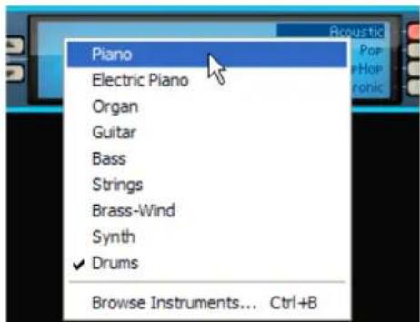 Piano Electric Piano Organ Guitar Bass Strings Brass-Wind Synth ✓ Drums Browse Instruments... Ctrl+B