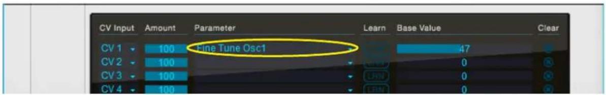 CV Input Amount Parameter Learn Base Value Clear CV 1 100 Fine Tune Osc1 47 CV 2 100 0 CV 3 100 0 CV 4 100 0