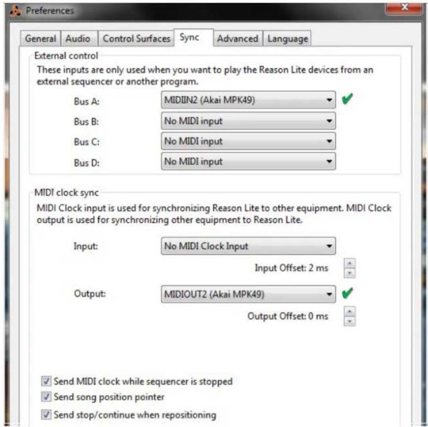 Preferences General Audio Control Surfaces Sync Advanced Language External control These inputs are only used when you want to play the Reason Lite devices from an external sequencer or another program. Bus A: MIDIIN2 (Akai MPK49) Bus B: No MIDI input Bus C: No MIDI input Bus D: No MIDI input MIDI clock sync MIDI Clock input is used for synchronizing Reason Lite to other equipment. MIDI Clock output is used for synchronizing other equipment to Reason Lite. Input: No MIDI Clock Input Input Offset: 2 ms Output: MIDIOUT2 (Akai MPK49) Output Offset: 0 ms Send MIDI clock while sequencer is stopped Send song position pointer Send stop/continue when repositioning