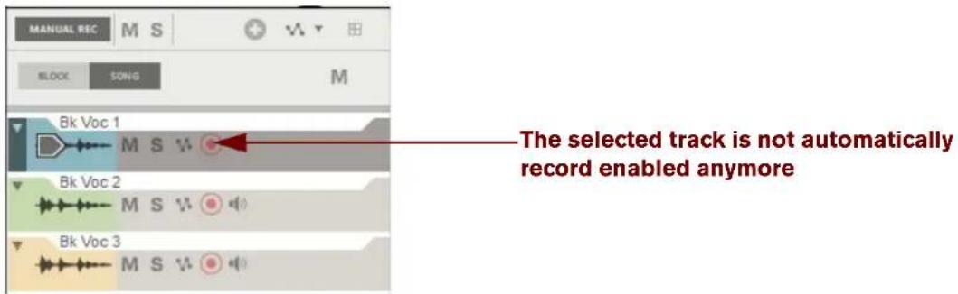MANUAL REC M S BLOCK SONG M Bk Voc 1 M S V The selected track is not automatically record enabled anymore Bk Voc 2 M S V Bk Voc 3 M S V