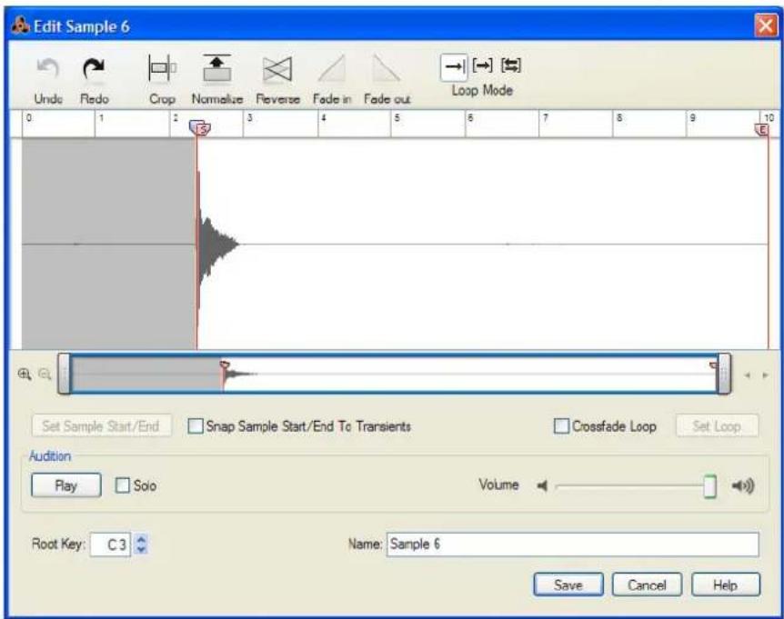 Edit Sample 6 Undo Redo Crop Normalize Reverse Fade in Fade out Loop Mode 0 1 2 3 4 5 6 7 8 9 10 Set Sample Start/End Snap Sample Start/End To Transients Crossfade Loop Set Loop Audition Play Solo Volume Root Key: C 3 Name: Sample 6 Save Cancel Help