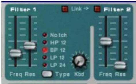 Filter 1 Link → Filter 2 Notch HP 12 BP 12 LP 12 LP 24 Freq Res Type Kbd Freq Res