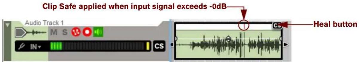 Clip Safe applied when input signal exceeds -0dB Audio Track 1 M S IN CS Heal button