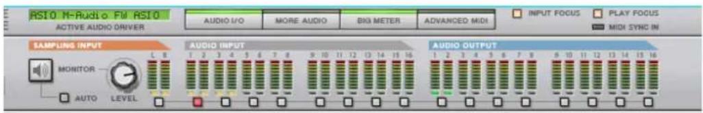 RS10 M-Ruudi o FM RS10 ACTIVE AUDIO DRIVER AUDIO I/O MORE AUDIO BIG METER ADVANCED MIDI INPUT FOCUS PLAY FOCUS MIDI SYNC IN SAMPLING INPUT MONITOR AUTO LEVEL AUDIO INPUT AUDIO OUTPUT 1 2 3 4 5 6 7 8 9 10 11 12 13 14 15 16 1 2 3 4 5 6 7 8 9 10 11 12 13 14 15 16