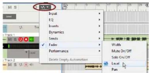 Input EQ Inserts Dynamics Sends Fader Performance Delete Empty Automation Width Mute On/Off Solo On/Off Level Pan