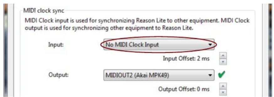 MIDI clock sync MIDI Clock input is used for synchronizing Reason Lite to other equipment. MIDI Clock output is used for synchronizing other equipment to Reason Lite. Input: No MIDI Clock Input Input Offset: 2 ms Output: MIDIOUT2 (Akai MPK49) Output Offset: 0 ms