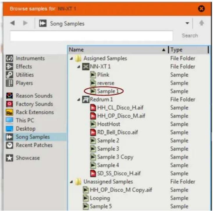 Browse samples for: NN-XT 1 Song Samples Search Name Type Instruments Assigned Samples File Folder Effects NN-XT 1 File Folder Utilities Plink Sample Players reverse Sample Reason Sounds Sample 1 Factory Sounds File Folder Rack Extensions HH_CL_Disco_H.aif Sample This PC HH_OP_Disco_M.aif Sample Desktop RD_Bell_Disco.aif Sample Song Samples Sample 2 Sample Recent Patches Sample 3 Sample Showcase Sample 3 Copy Sample Sample 4 SD_SS_Disco_H.aif Sample Unassigned Samples File Folder HH_OP_Disco_M Copy.aif Sample Looping Sample Sample 5 Sample