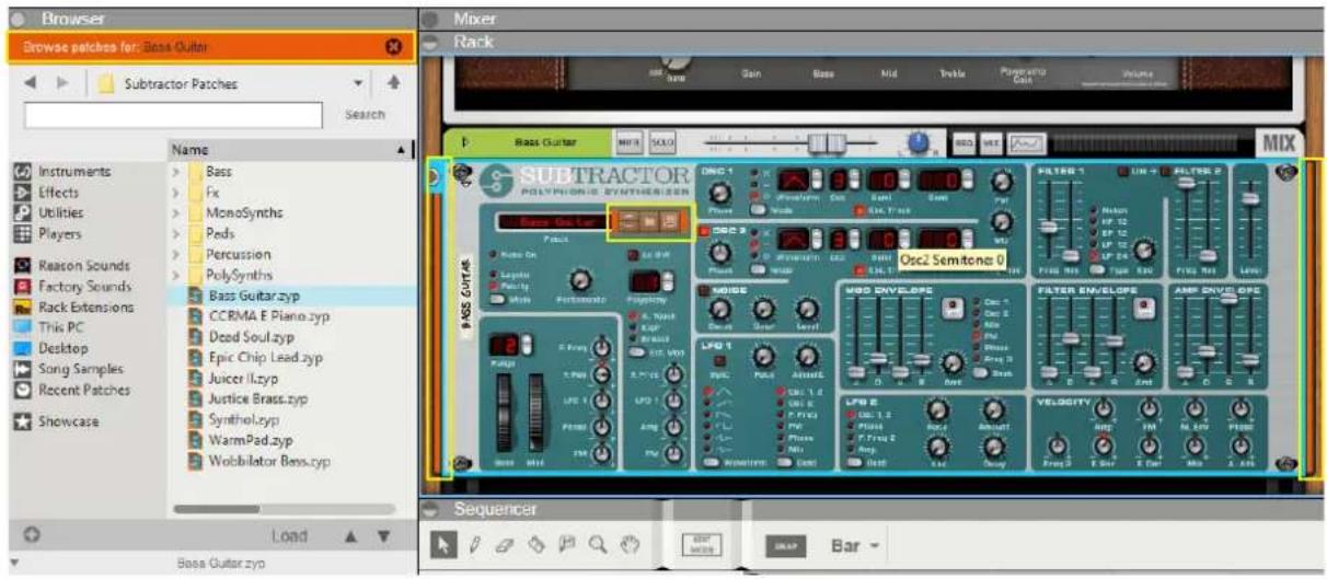 Browser Browse patches for: Bass Gutter Subtractor Patches Search Name Instruments > Bass Effects > Fix Utilities > MonoSynths Players > Pads Reason Sounds > Percussion Factory Sounds > PolySynths Rack Extensions > Bass Guitar.zyp This PC > CCRMA F Piano.zyp Desktop > Dead Soul.zyp Song Samples > Epic Chip Lead.zyp Recent Patches > Juicer II.zyp Showcase > Justice Brass.zyp Synthol.zyp > WarmPad.zyp Wobbilator Bms.zyp Mixer Rack P Bass Gutter MINI SOLD DSC HSS MIX SUBTRACTOR POLYPICIONIC SYNTHENSER Osc2 Semitone 0 FILTER 1 LIN + FILTER 2 Noise EP_12 EP_12 LP_12 LP_24 Type 850 Frics Nos Leaks OSC2 Semitone 0 WBS ENVELOPE FILTER ENVELOPE AMP ENVELOPE VELOCITY Sequencer Base Gutter zyp