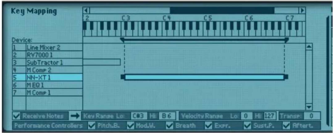 Key Mapping Device: 1 Line Mixer 2 2 RV7000 1 3 SubTractor 1 4 M Comp 2 5 NN-XT 1 6 M EQ 1 7 M Comp 1 Receive Notes → Key Range Lo: C#3 Hi B 6 Velocity Range Lo: 0 Hi 127 Transp: 0 Performance Controllers ✓ Pitch.B. ✓ Mod.W. ✓ Breath ✓ Expr. ✓ Sust.P. ✓ Aftert.