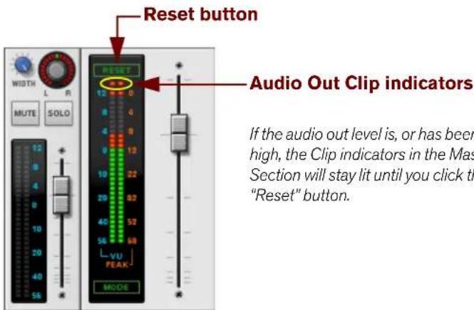 Reset button Audio Out Clip indicators If the audio out level is, or has been high, the Clip indicators in the Mas Section will stay lit until you click the "Reset" button.