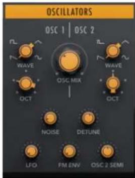 OSCILLATORS OSC 1 | OSC 2 WAVE OSC MIX WAVE OCT OCT NOISE DETUNE LFO FM ENV OSC 2 SEMI
