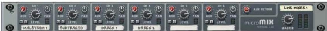 MALSTROM 1 SUBTRACTO DRREX 1 DRREX 2 AUX RETURN microMIX MATERIAL 130 MASTER LINE MIXER 1