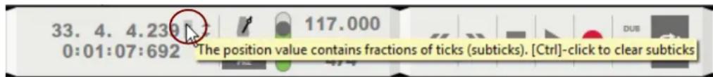 33. 4. 4.239 0:01:07:692 117.000 The position value contains fractions of ticks (subticks). [Ctrl]-click to clear subticks