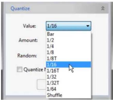 Quantize Value: 1/16 Amount: Bar 1/2 1/4 1/8 1/8T Random: 1/16 Quantize 1/16T 1/32 1/32T 1/64 Shuffle