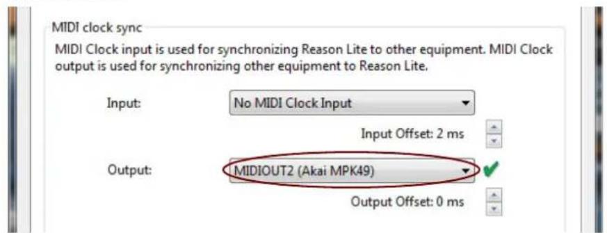 MIDI clock sync MIDI Clock input is used for synchronizing Reason Lite to other equipment. MIDI Clock output is used for synchronizing other equipment to Reason Lite. Input: No MIDI Clock Input Input Offset: 2 ms Output: MIDIOUT2 (Akai MPK49) Output Offset: 0 ms
