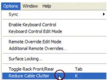 Options Window Help Sync Enable Keyboard Control Keyboard Control Edit Mode Remote Override Edit Mode Additional Remote Overrides... Surface Locking... Toggle Rack Front/Rear Tab Reduce Cable Clutter K