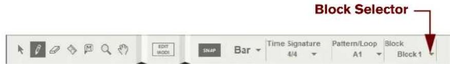 Block Selector EDIT MODES SNAP Bar Time Signature 4/4 Pattern/Loop A1 Block Block 1