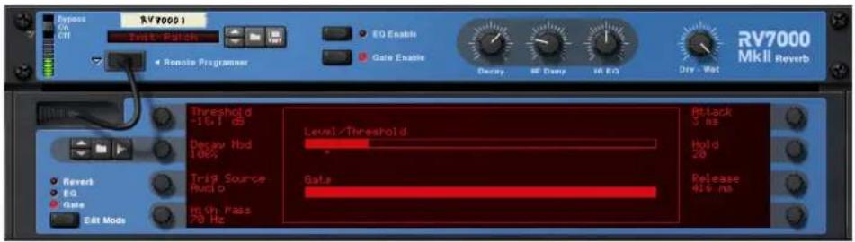 RV70001 On Off RV7000 MkII Reverb Install Patch EQ Enable Gate Enable Decay, NE Dany, NE EQ Dry - Wet 4 Remote Programmer Threshold -10x1.68 Decay Mod 108% Trig Source Audio High Mass 76 Hz Level/Threshold Gate Revert EQ Gate Edit Mod Black 5 ns Hold 26 Release 416 ns