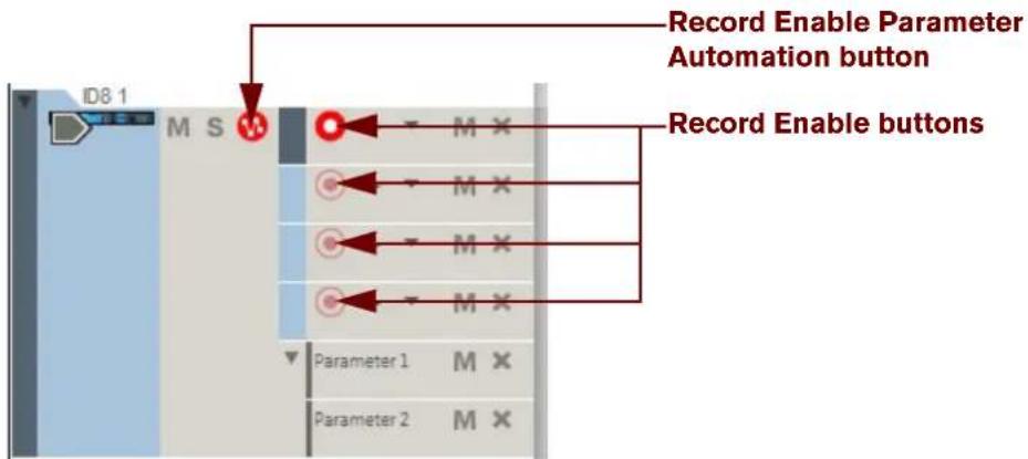 Record Enable Parameter Automation button Record Enable buttons ID8 1 M S M Parameter 1 M X Parameter 2 M X