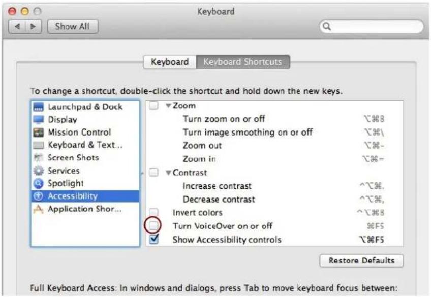 Keyboard Shortcuts To change a shortcut, double-click the shortcut and hold down the new keys. Launchpad & Dock Display Mission Control Keyboard & Text... Screen Shots Services Spotlight Accessibility Application Shor... Zoom Turn zoom on or off \( ^#8 \) Turn image smoothing on or off \( ^#1 \) Zoom out \( ^#6- \) Zoom in \( ^#6= \) Contrast Increase contrast \( ^#7.5 \) Decrease contrast \( ^#7.5 \), Invert colors \( ^#8 \) Turn VoiceOver on or off \( ^#F5 \) Show Accessibility controls \( ^#6F5 \) Restore Defaults Full Keyboard Access: In windows and dialogs, press Tab to move keyboard focus between: