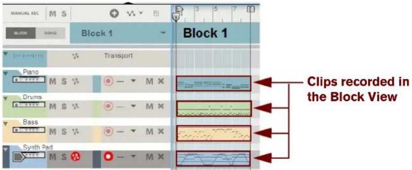 MANUAL REC M S Block 1 Block 1 Blocks recorded in the Block View Piano Drums Bass Synth Pad