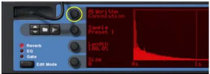 Algorithm Convolution Sample Preset 1 Length 100.0% Size 0 0s 1s Reverb EQ Gate Edit Mode