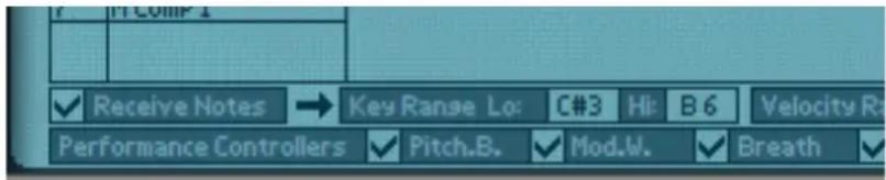 Y H: Comp 1 Receive Notes → Key Range Lo: C#3 Hi: B 6 Velocity Ra Performance Controllers ✓ Pitch.B. ✓ Mod.W. ✓ Breath ✓
