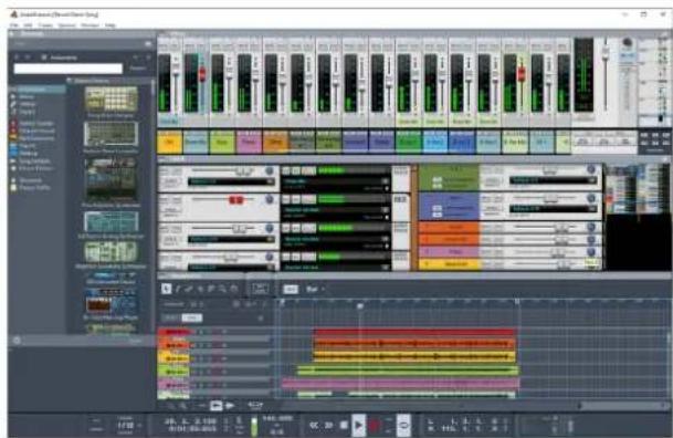 Screenshot of a video editing software interface showing audio workstation with multiple tracks, channels, and playback controls.