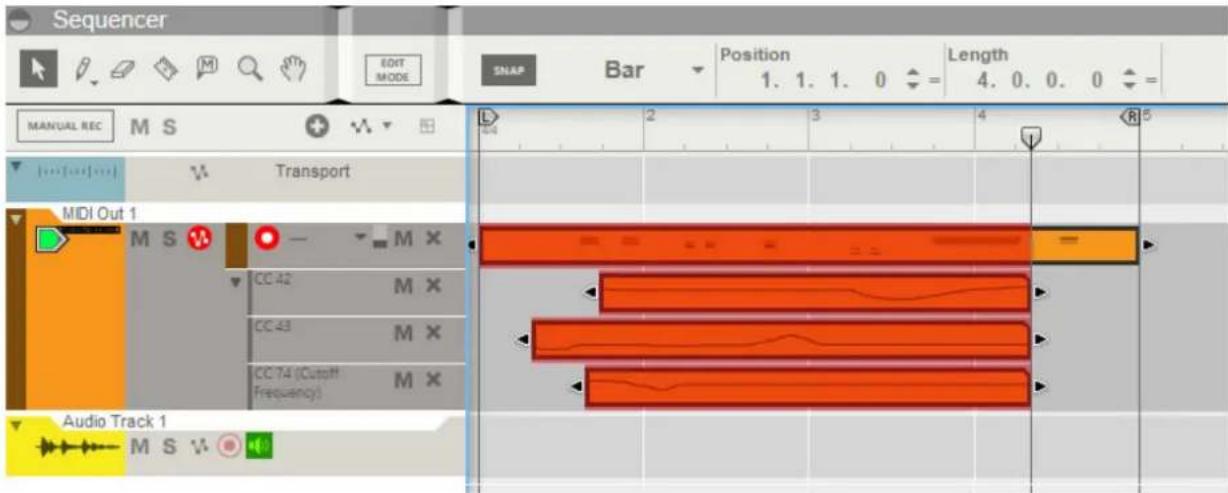 Sequencer EDIT MODE MANUAL REC M S Transport MIDI Out 1 M S CC 42 M X CC 43 M X CC 74 (Cutoff Frequency) M X Audio Track 1 M S V