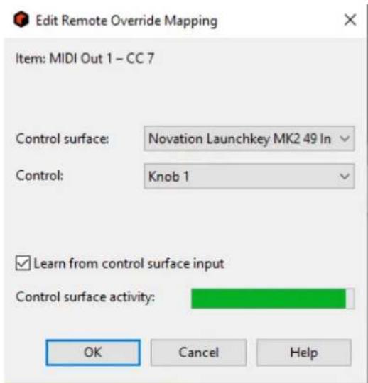 Edit Remote Override Mapping Item: MIDI Out 1 – CC 7 Control surface: Novation Launchkey MK2 49 In Control: Knob 1 ✓ Learn from control surface input Control surface activity: OK Cancel Help