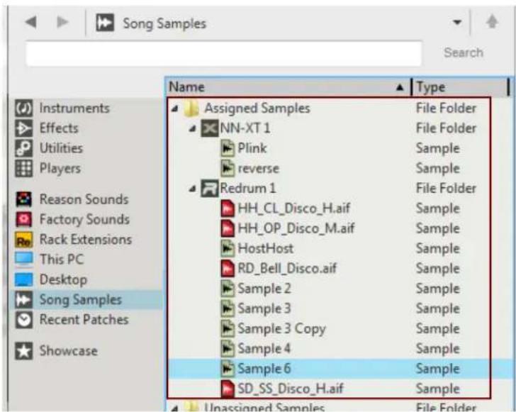 Song Samples Search Name Type Assigned Samples File Folder NN-XT 1 File Folder Plink Sample reverse Sample Redrum 1 File Folder HH_CL_Disco_H.aif Sample HH_OP_Disco_M.aif Sample HostHost Sample RD_Bell_Disco.aif Sample Sample 2 Sample Sample 3 Sample Sample 3 Copy Sample Sample 4 Sample Sample 6 Sample SD_SS_Disco_H.aif Sample Unassigned Samples File Folder