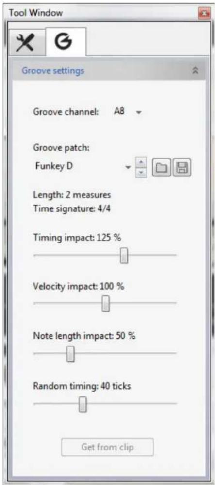 Tool Window Groove settings Groove channel: A8 Groove patch: Funkey D Length: 2 measures Time signature: 4/4 Timing impact: 125 % Velocity impact: 100 % Note length impact: 50 % Random timing: 40 ticks Get from clip
