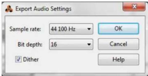 Export Audio Settings Sample rate: 44 100 Hz Bit depth: 16 ✓ Dither OK Cancel Help