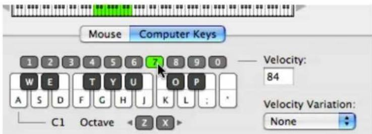Mouse Computer Keys 1 2 3 4 5 6 7 8 9 0 —— Velocity: 84 A S D F G H J K L : * C1 Octave < Z X > Velocity Variation: None