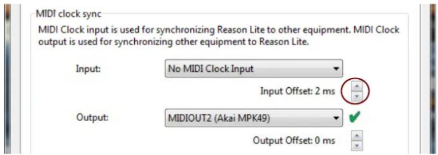 MIDI clock sync MIDI Clock input is used for synchronizing Reason Lite to other equipment. MIDI Clock output is used for synchronizing other equipment to Reason Lite. Input: No MIDI Clock Input Input Offset: 2 ms Output: MIDIOUT2 (Akai MPK49) Output Offset: 0 ms