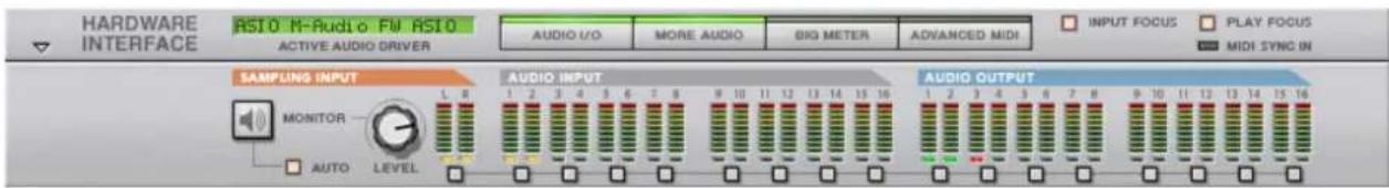 HARDWARE INTERFACE RS10 M-Audio FW RS10 ACTIVE AUDIO DRIVER AUDIO I/O MORE AUDIO BIG METER ADVANCED MIDI INPUT FOCUS PLAY FOCUS MIDI SYNC IN SAMPLING INPUT MONITOR AUTO LEVEL AUDIO INPUT AUDIO OUTPUT 1 2 3 4 5 6 7 8 9 10 11 12 13 14 15 16 1 2 3 4 5 6 7 8 9 10 11 12 13 14 15 16