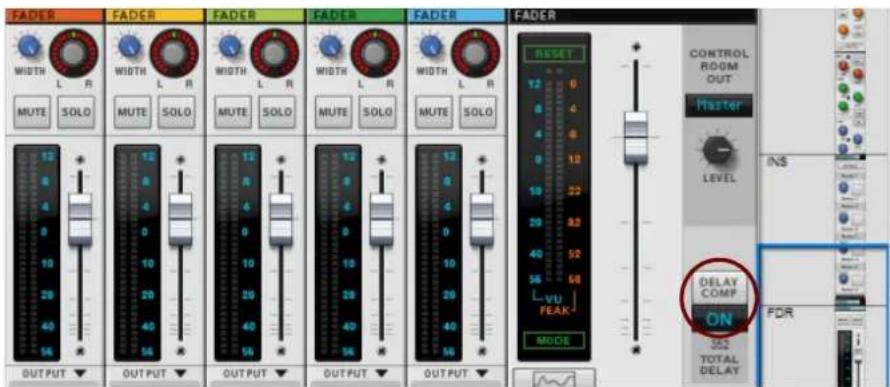 FADER WIDTH L R MUTE SOLO FADER WIDTH L R MUTE SOLO FADER WIDTH L R MUTE SOLO FADER WIDTH L R MUTE SOLO FADER 12 0 4 10 29 40 56 OUTPUT ▼ FADER 12 0 4 10 29 40 56 OUTPUT ▼ FADER 12 0 4 10 29 40 56 OUTPUT ▼ FADER RESET 12 0 4 10 29 40 56 L VU PEAK MODE + - CONTROL ROOM OUT Master LEVEL INS DELAY COMP ON 353 TOTAL DELAY FDR