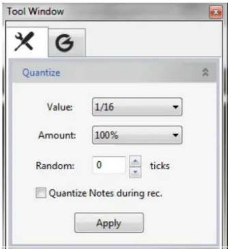 Tool Window Quantize Value: 1/16 Amount: 100% Random: 0 ticks Quantize Notes during rec. Apply