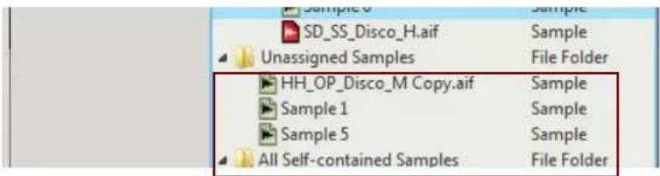 Sample 0 SD_SS_Disco_H.aif Unassigned Samples Sample File Folder HH_OP_Disco_M Copy.aif Sample 1 Sample 5 Sample All Self-contained Samples Sample Sample File Folder