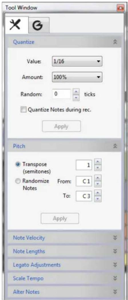 Tool Window Quantize Value: 1/16 Amount: 100% Random: 0 ticks Quantize Notes during rec. Apply Pitch Transpose (semitones) 1 Randomize Notes From: C1 To: C3 Apply Note Velocity Note Lengths Legato Adjustments Scale Tempo Alter Notes