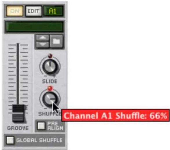 ON EDIT A1 SLIDE SHUFFLE GROOVE PRE ALIGN GLOBAL SHUFFLE Channel A1 Shuffle: 66%