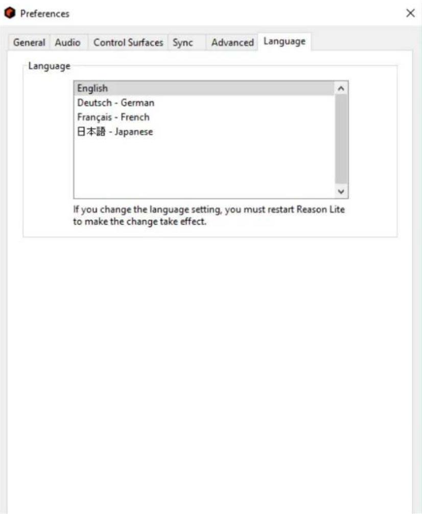 English Deutsch - German Français - French 日本語 - Japanese If you change the language setting, you must restart Reason Lite to make the change take effect.