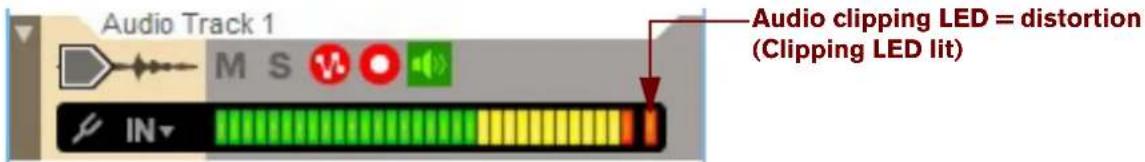 Audio Track 1 M S IN Audio clipping LED = distortion (Clipping LED lit)